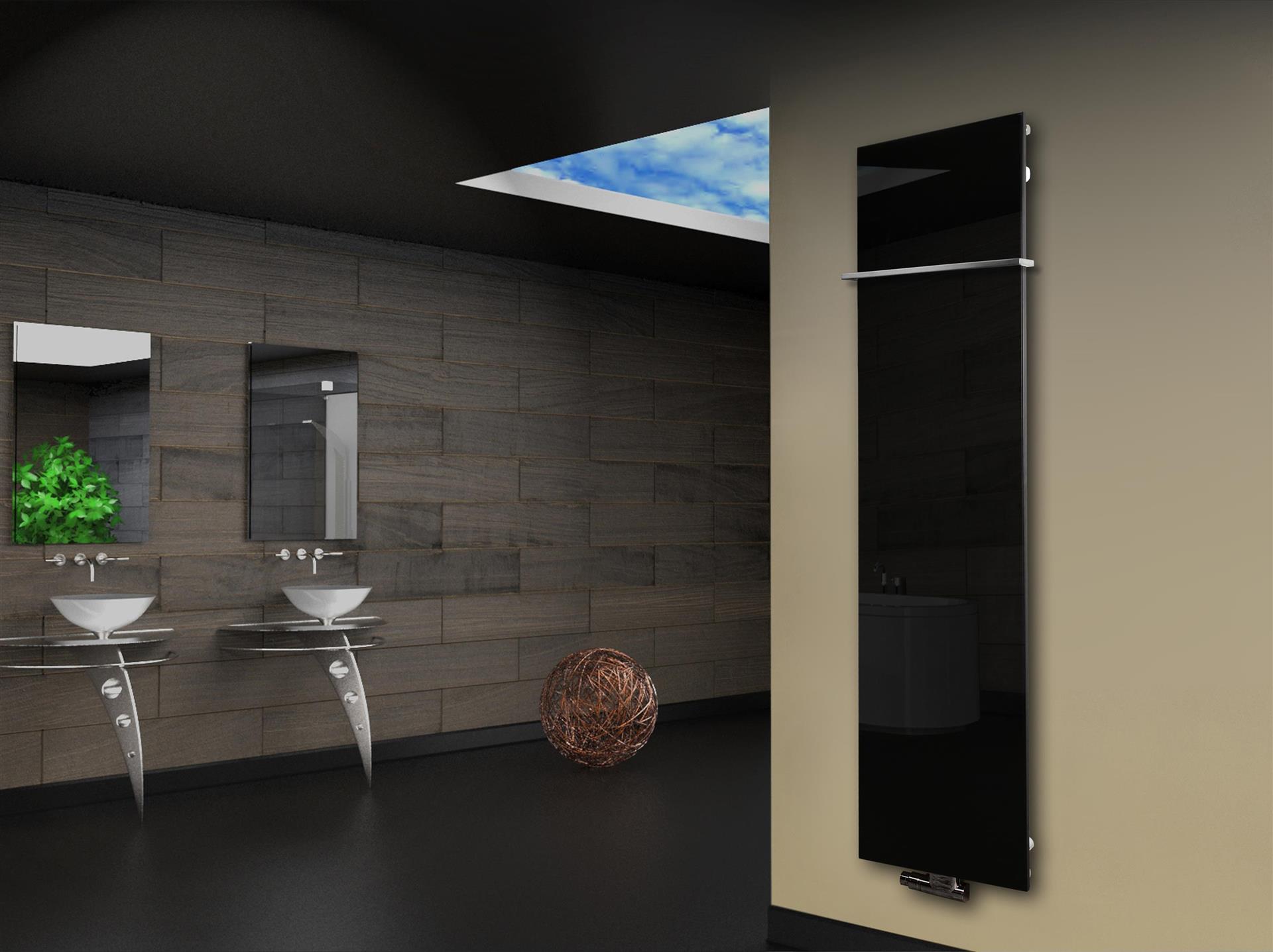Badheizkörper mit Glas Design Montevideo 3 Glasfront 180x47cm 1118 Watt schwarz (+1 Halter 15mm) SZAGATO Designheizkörper mit Mittelanschluss
