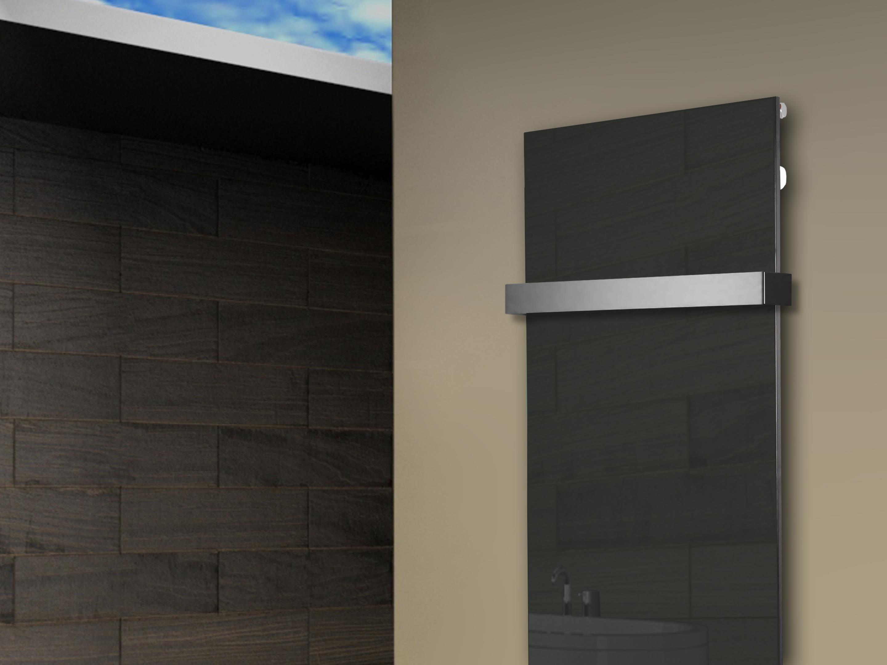 Badheizkörper mit Glas Design Montevideo 2 (Glasfront) 120x47cm 799 Watt anthrazit - moon +1 Halter 50mm SZAGATO Designheizkörper mit Mittelanschluss