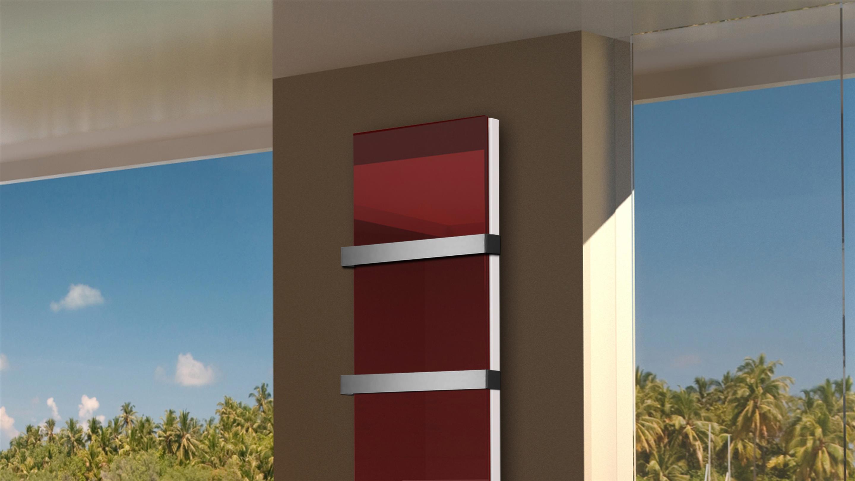 BADHEIZKÖRPER Glas Montevideo 6 Glasfront 180x47cm 1964 Watt rot + 2 Halter 50mm SZAGATO Designheizkörper Handtuchheizkörper mit Mittelanschluss