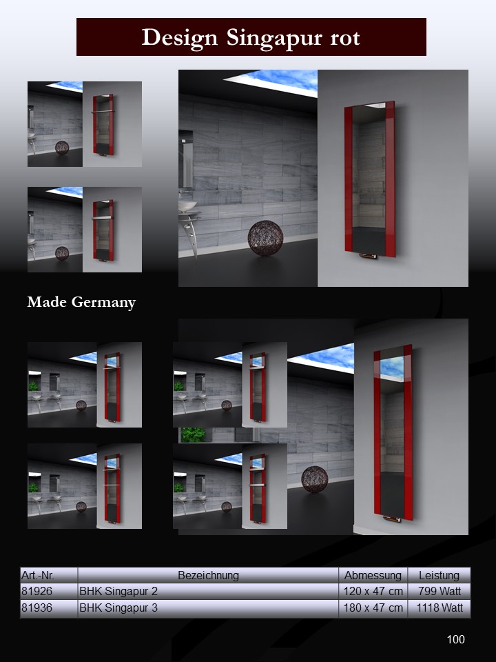 BADHEIZKÖRPER mit Spiegel Design Singapur 3 180x47cm 1118 Watt rot  (+2 Halter 50mm) SZAGATO Designheizkörper mit Mittelanschluss Handtuchwärmer