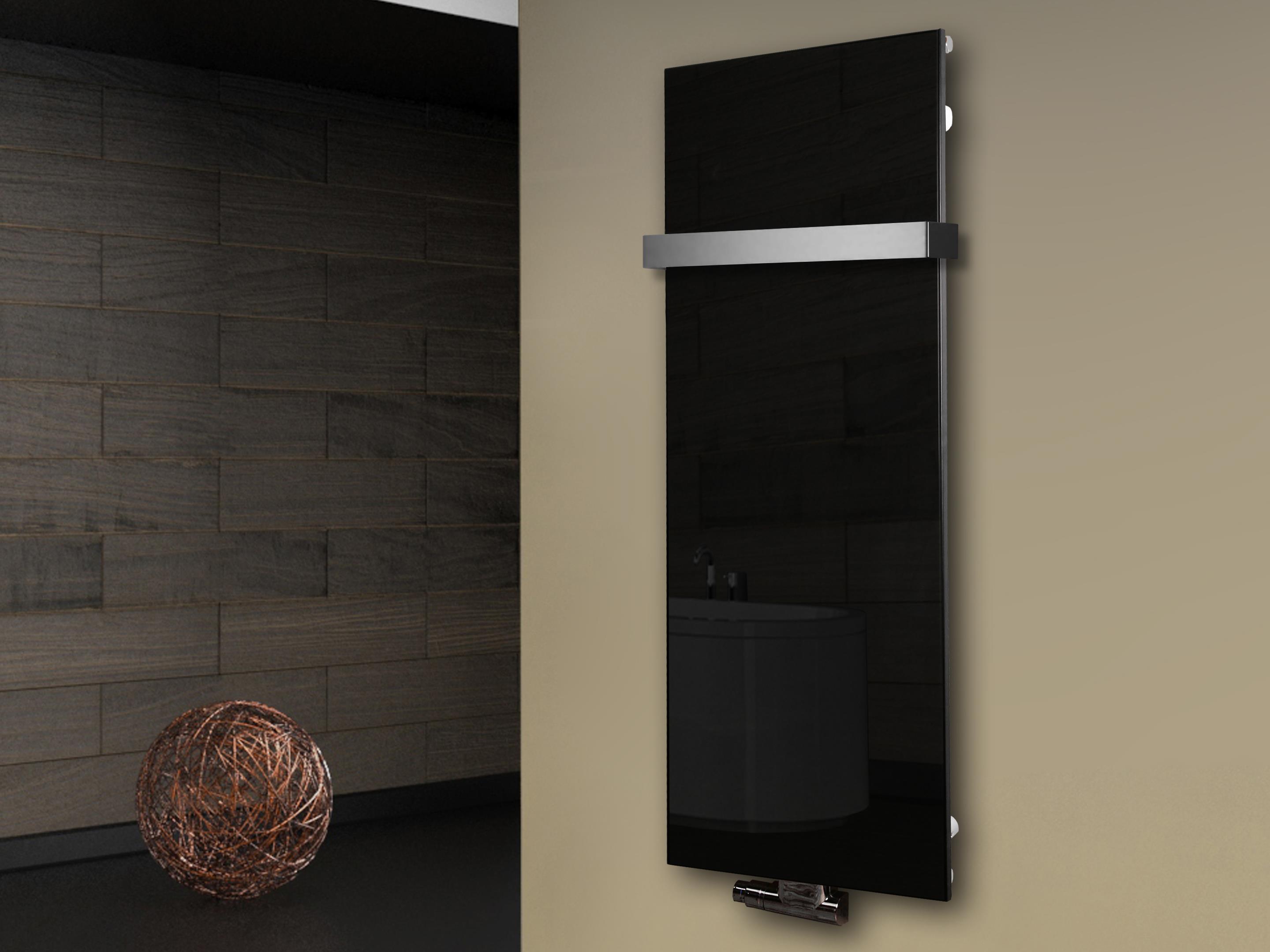 Badheizkörper mit Glas Design Montevideo 2 (Glasfront) 120x47cm 799 Watt schwarz (+1 Halter 50mm) SZAGATO Designheizkörper mit Mittelanschluss