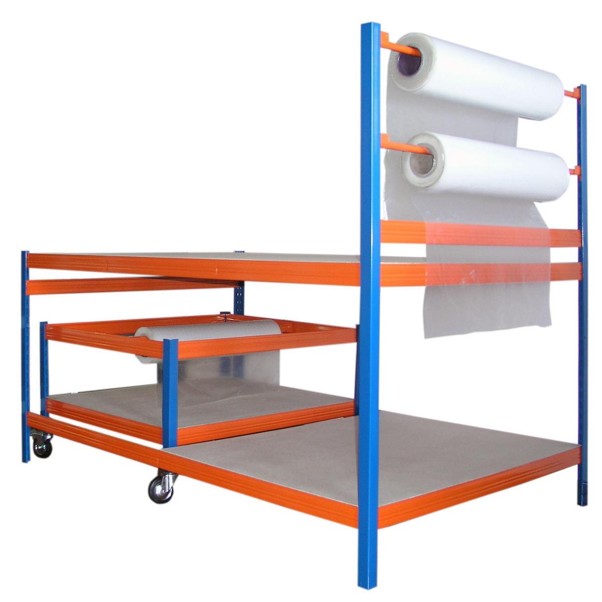 Packtisch 300 kg Profi 2 HxBxT 150x180x120cm SZAGATO inkl. Rollwagen 55x80x120cm blau - orange Verpackungstisch Verpackungsstation Pakete Pakettisch