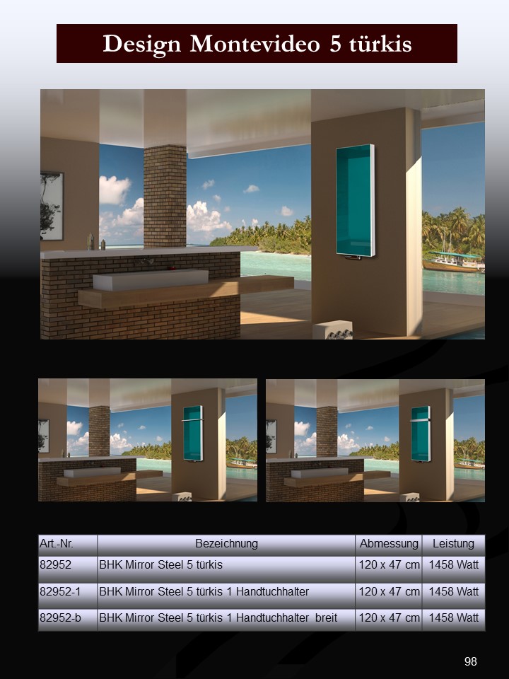 BADHEIZKÖRPER mit Glas Montevideo 5 Glasfront 120x47cm 1458Watt türkis +1 Halter 50mm SZAGATO Designheizkörper Handtuchheizkörper mit Mittelanschluss