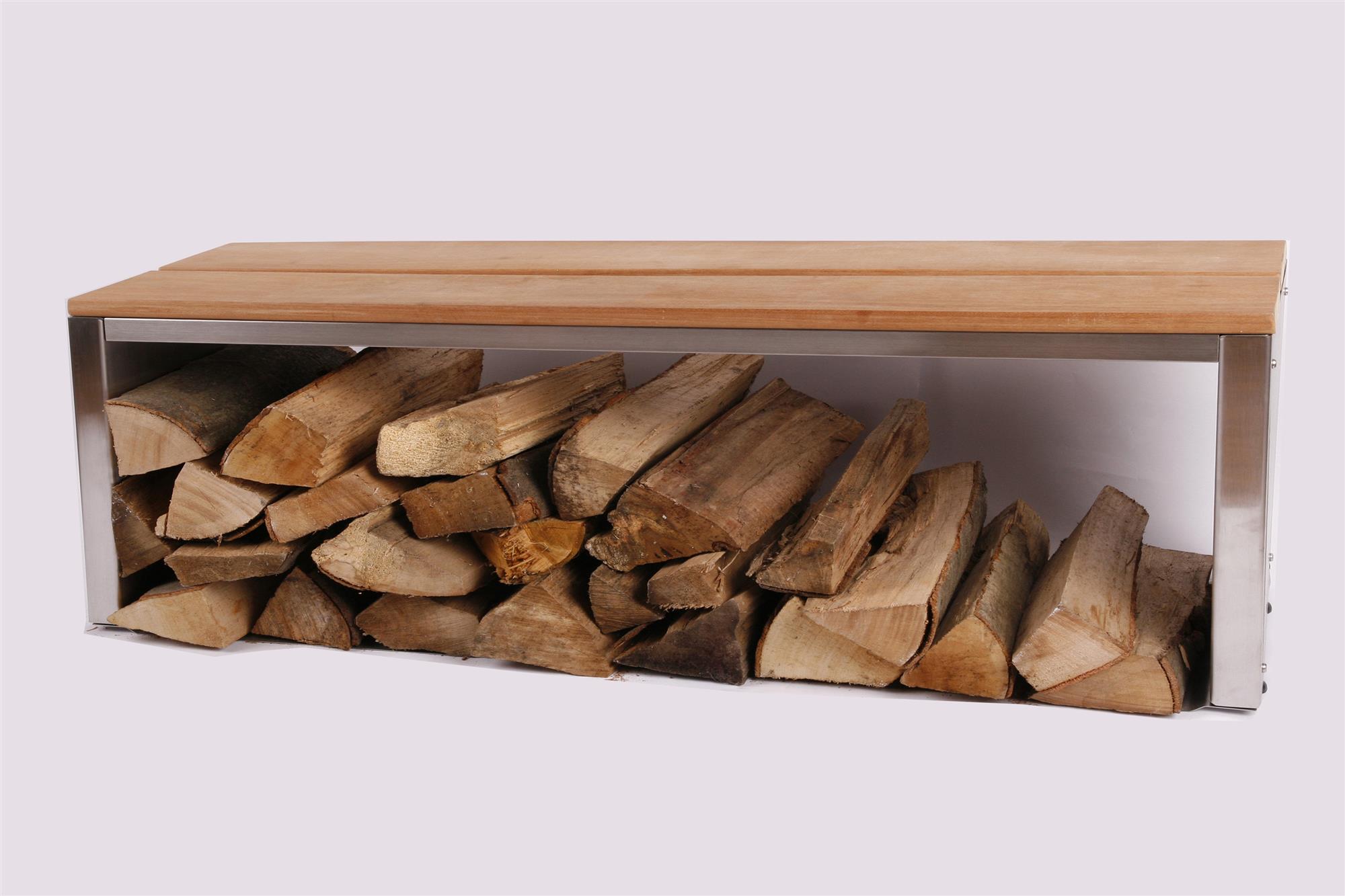 Sitzbank mit Holzlager 150x30cm, Edelstahl (Holzlagerbank, Bank mit Kaminholz / Brennnholz)