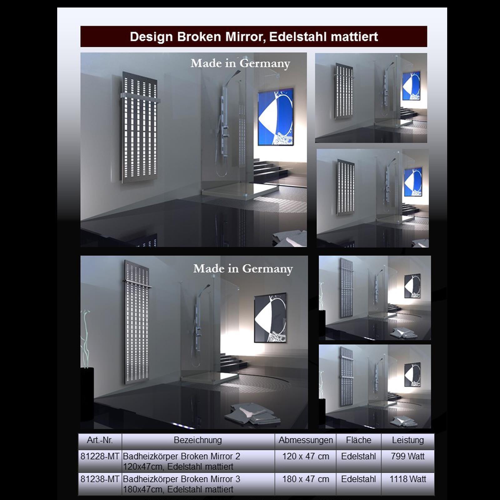 BADHEIZKÖRPER Design broken Mirror 3 180x47cm 1118 Watt Edelstahl matt (+1 Halter 50mm) SZAGATO Designheizkörper mit Mittelanschluss Handtuchwärmer