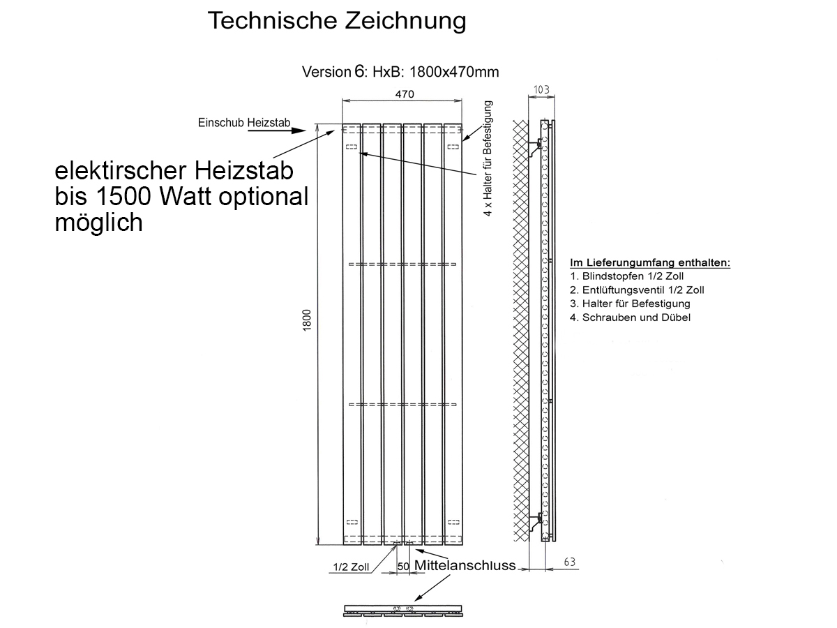 BADHEIZKÖRPER Design Mirror 6 180x47cm 1964 Watt Edelstahl matt (+2 Halter 50mm) SZAGATO Designheizkörper Handtuchheizkörper mit Mittelanschluss