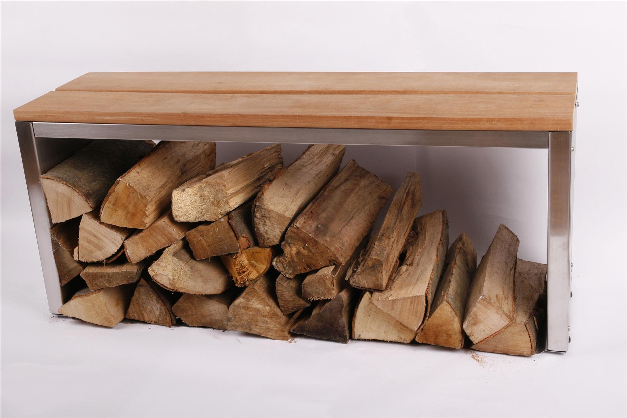 Sitzbank mit Holzlager 100x30cm, Edelstahl (Holzlagerbank, Bank mit Kaminholz / Brennnholz)