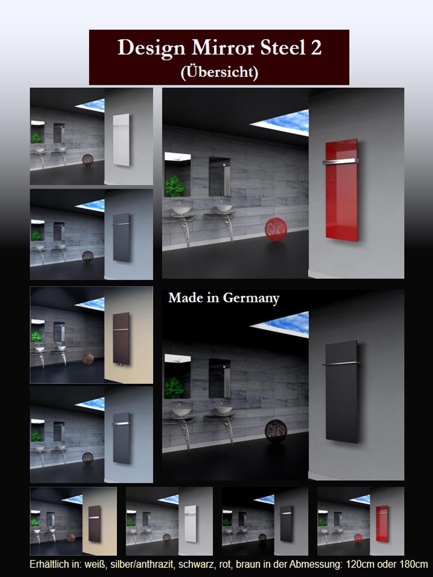 BADHEIZKÖRPER Design Mirror Steel 2 120x47cm 799 Watt weiß (+1 Halter glänzend 50mm) SZAGATO Handtuchheizkörper mit Mittelanschluss Handtuchwärmer