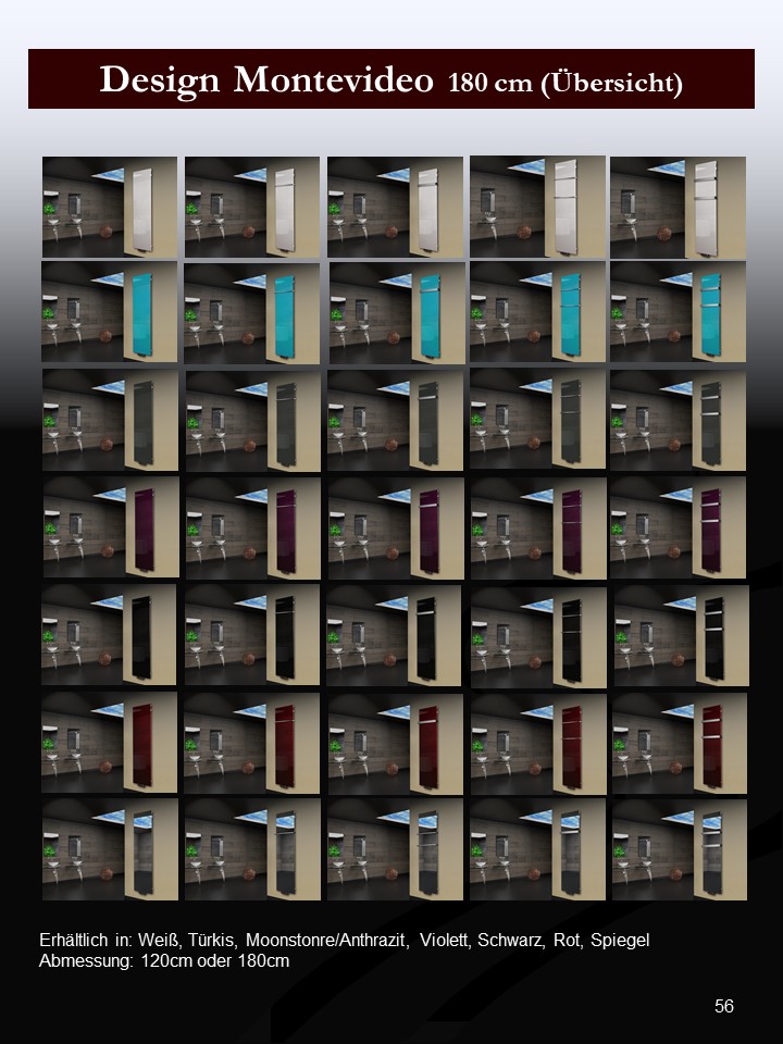 BADHEIZKÖRPER Glas Montevideo 6 Glasfront 180x47cm 1964 Watt violett +1 Halter 50mm SZAGATO Designheizkörper Handtuchheizkörper mit Mittelanschluss