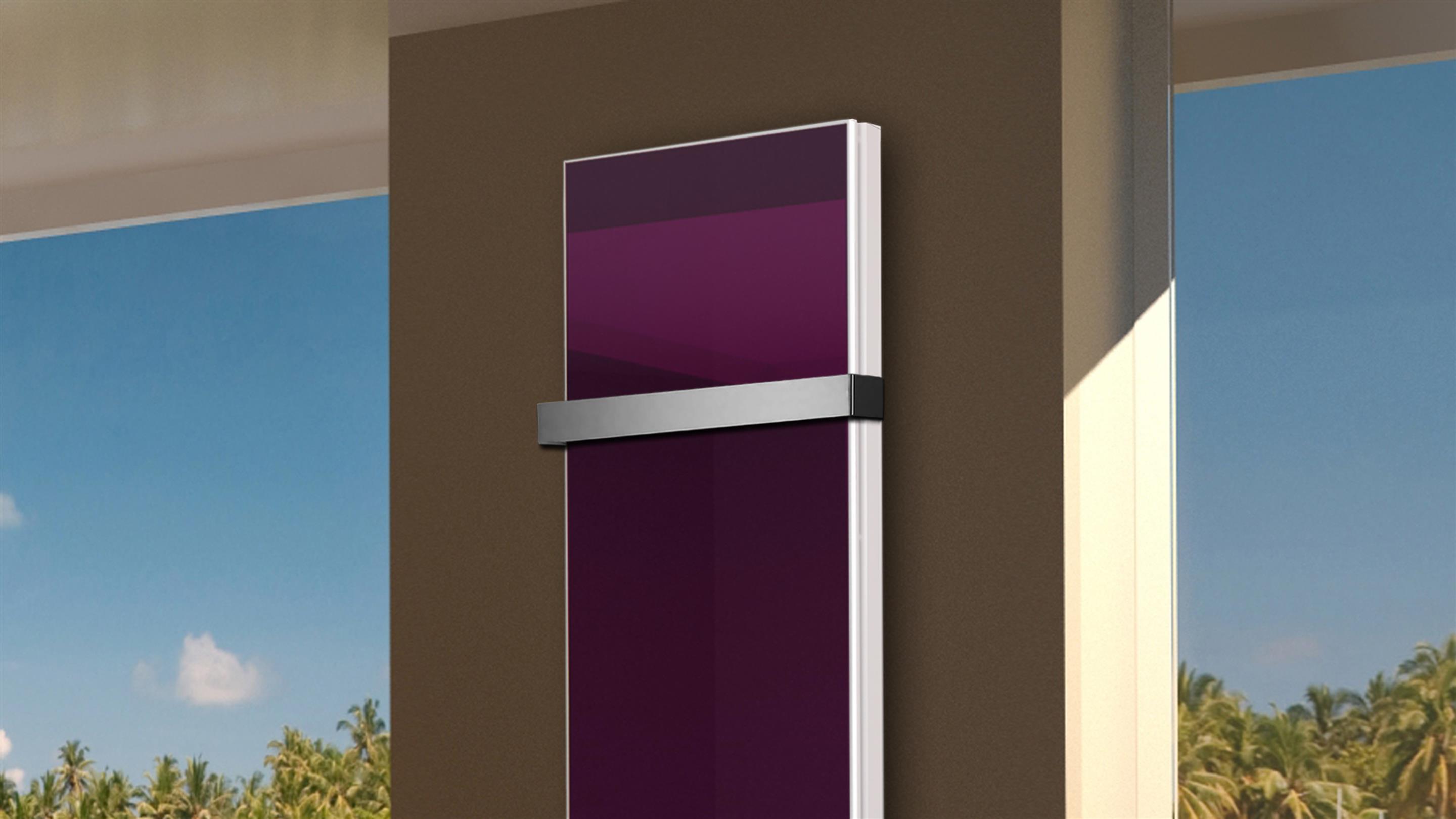 BADHEIZKÖRPER Glas Montevideo 6 Glasfront 180x47cm 1964 Watt violett +1 Halter 50mm SZAGATO Designheizkörper Handtuchheizkörper mit Mittelanschluss