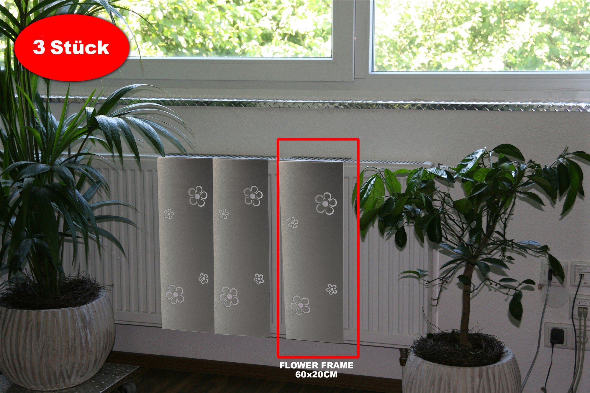 Heizkörperverkleidung Edelstahl 60 x 20cm Design Flower Frame (3 Stück) SZAGATO Heizungsverkleidung Verkleidung Heizkörper Abdeckung für Heizkörper