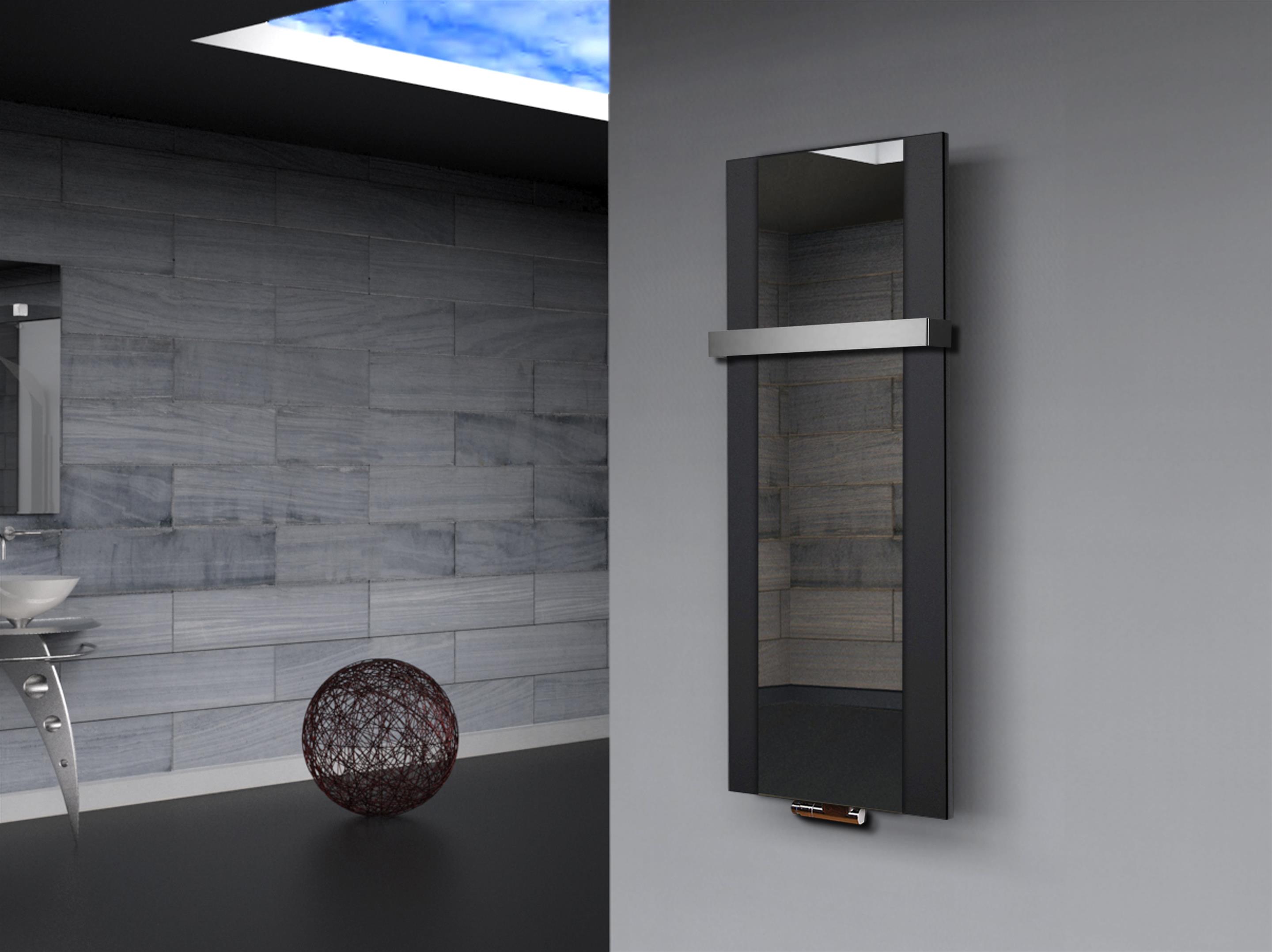 BADHEIZKÖRPER mit Spiegel Design Singapur 2 120x47cm 799 Watt schwarz  (+1 Halter 50mm) SZAGATO Designheizkörper mit Mittelanschluss Handtuchwärmer