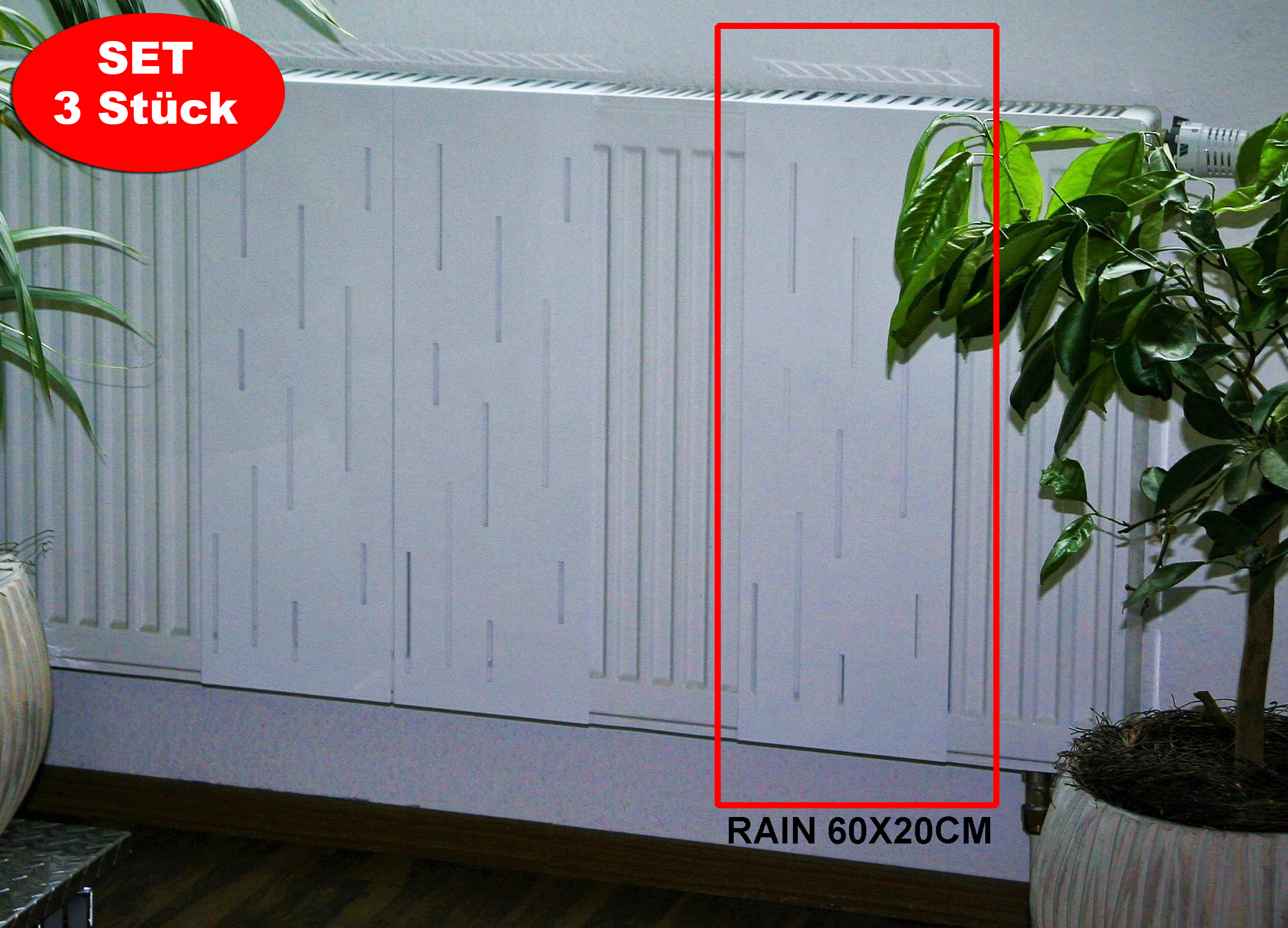 Heizkörperverkleidung 60 x 20cm Design Rain weiß (SET=3 Stück) SZAGATO Heizungsverkleidung Verkleidung Heizkörper Abdeckung für Heizkörper