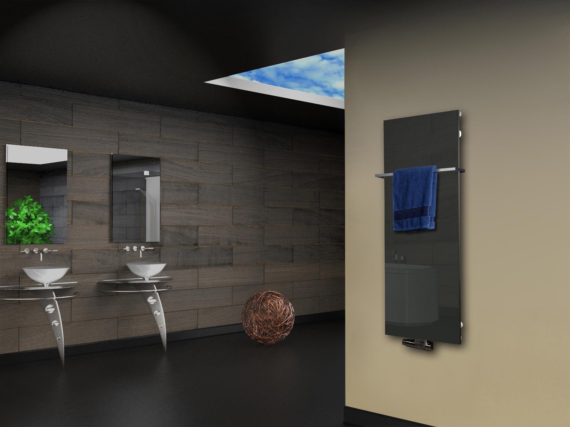 Badheizkörper mit Glas Design Montevideo 2 (Glasfront) 120x47cm 799 Watt anthrazit - moon +1 Halter 15mm SZAGATO Designheizkörper mit Mittelanschluss