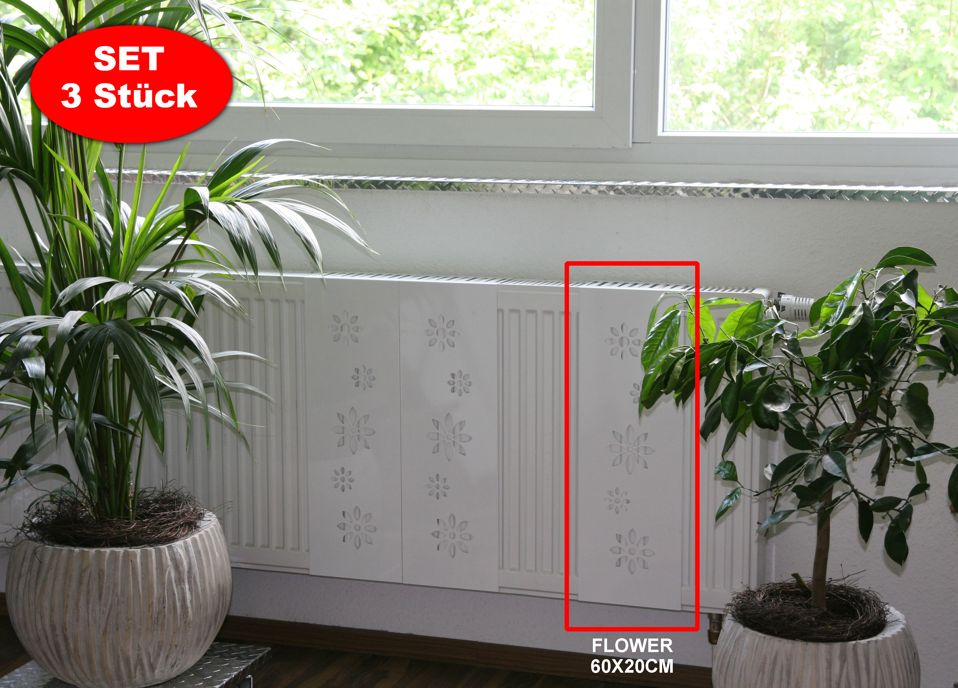 Heizkörperverkleidung 60 x 20cm Design Flower weiß (SET=3 Stück) SZAGATO Heizungsverkleidung Verkleidung Heizkörper Abdeckung für Heizkörper