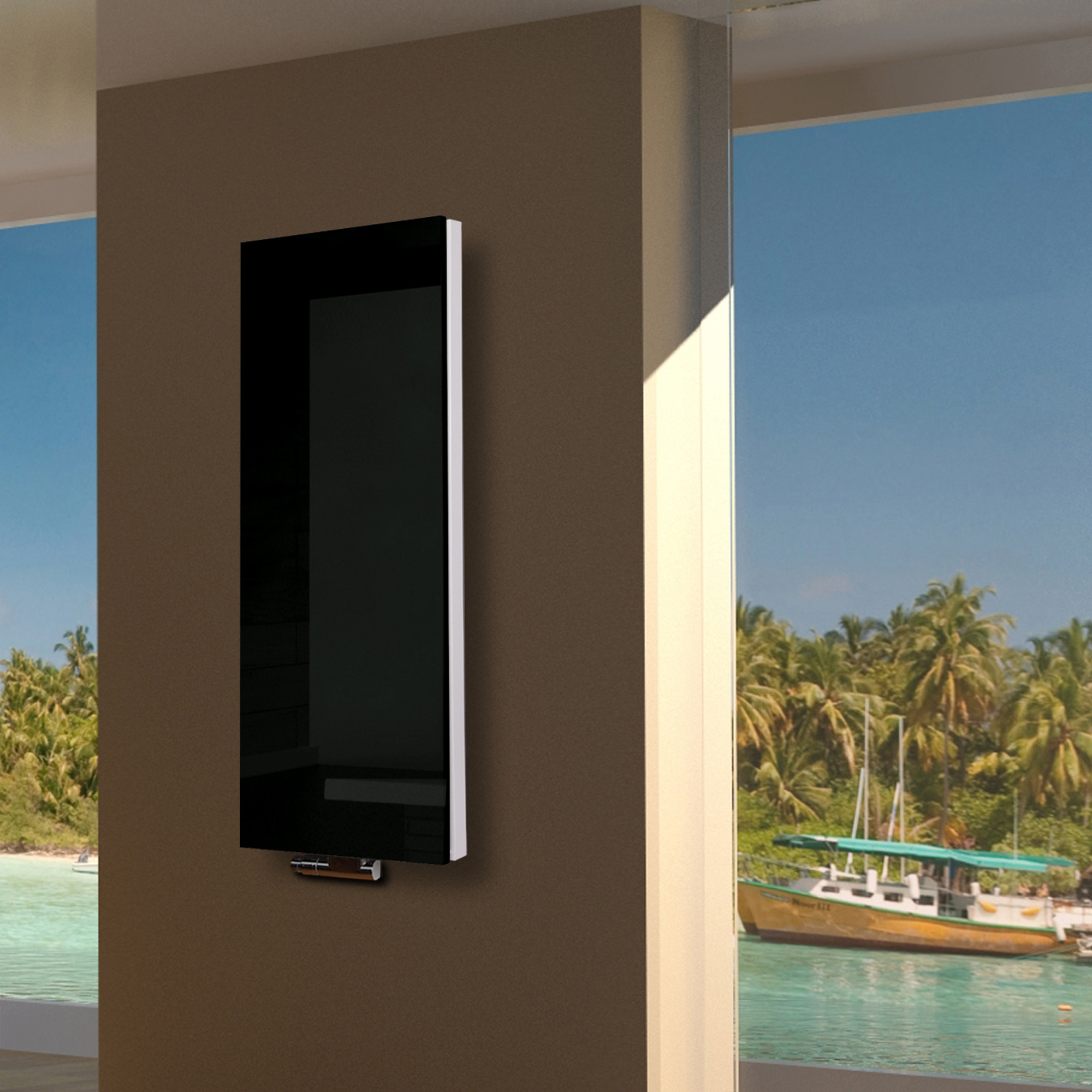 BADHEIZKÖRPER mit Glas Montevideo 5 Glasfront 120x47cm 1458 Watt schwarz SZAGATO Designheizkörper Handtuchheizkörper Mittelanschluss Handtuchwärmer