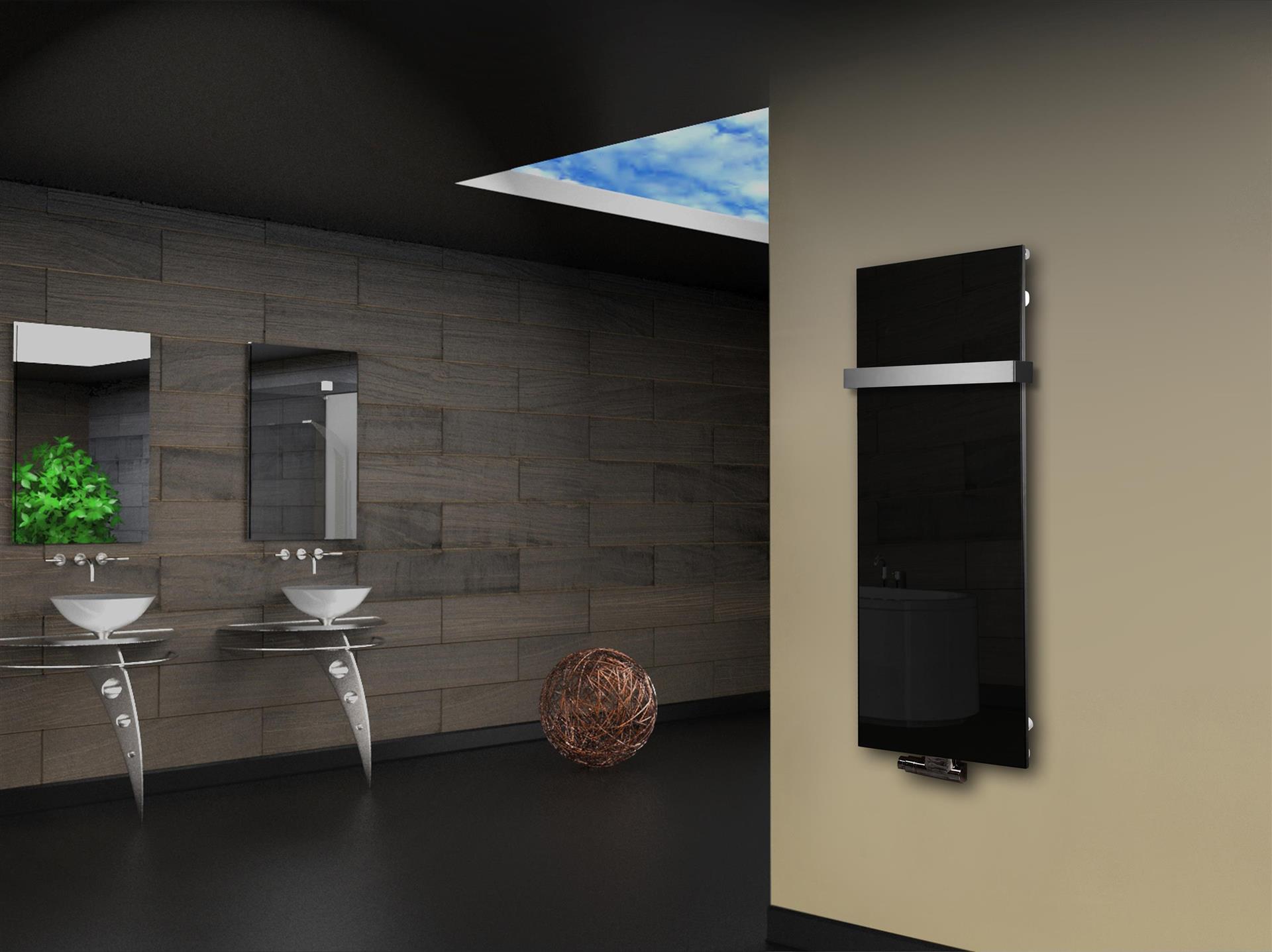 Badheizkörper mit Glas Design Montevideo 2 (Glasfront) 120x47cm 799 Watt schwarz (+1 Halter 50mm) SZAGATO Designheizkörper mit Mittelanschluss