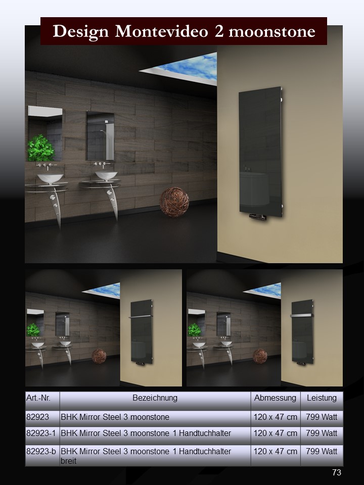 Badheizkörper mit Glas Design Montevideo 2 (Glasfront) 120x47cm 799 Watt anthrazit - moon +1 Halter 50mm SZAGATO Designheizkörper mit Mittelanschluss