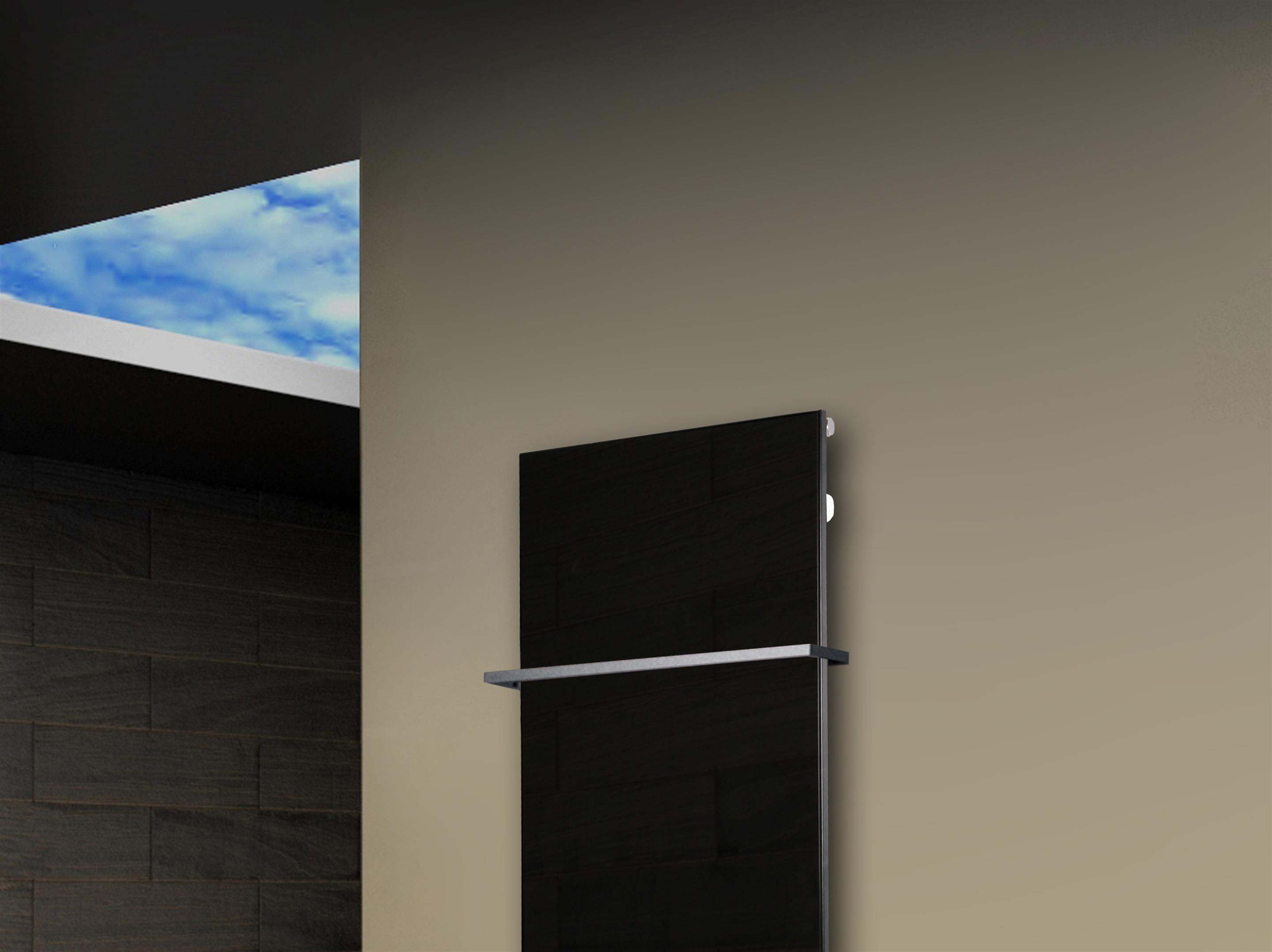 Badheizkörper mit Glas Design Montevideo 2 (Glasfront) 120x47cm 799 Watt schwarz (+1 Halter 15mm) SZAGATO Designheizkörper mit Mittelanschluss