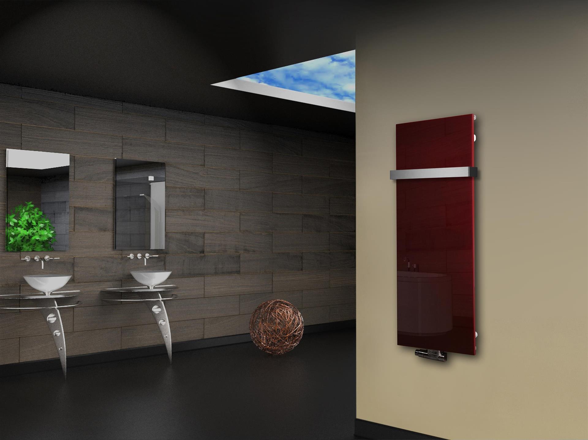 Badheizkörper mit Glas Design Montevideo 2 (Glasfront) 120x47cm 799 Watt rot (+1 Halter 50mm) SZAGATO Designheizkörper Mittelanschluss Handtuchwärmer