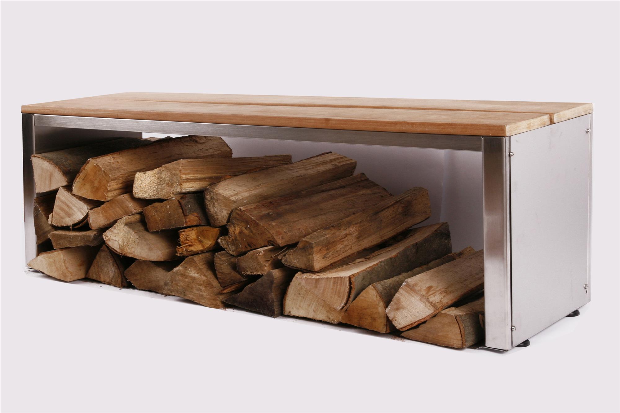 Sitzbank mit Holzlager 150x30cm, Edelstahl (Holzlagerbank, Bank mit Kaminholz / Brennnholz)