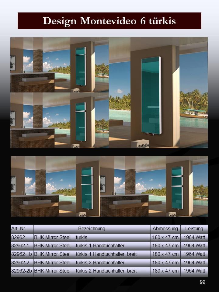 BADHEIZKÖRPER Glas Montevideo 6 Glasfront 180x47cm 1964 Watt türkis +2 Halter 50mm SZAGATO Designheizkörper Handtuchheizkörper mit Mittelanschluss