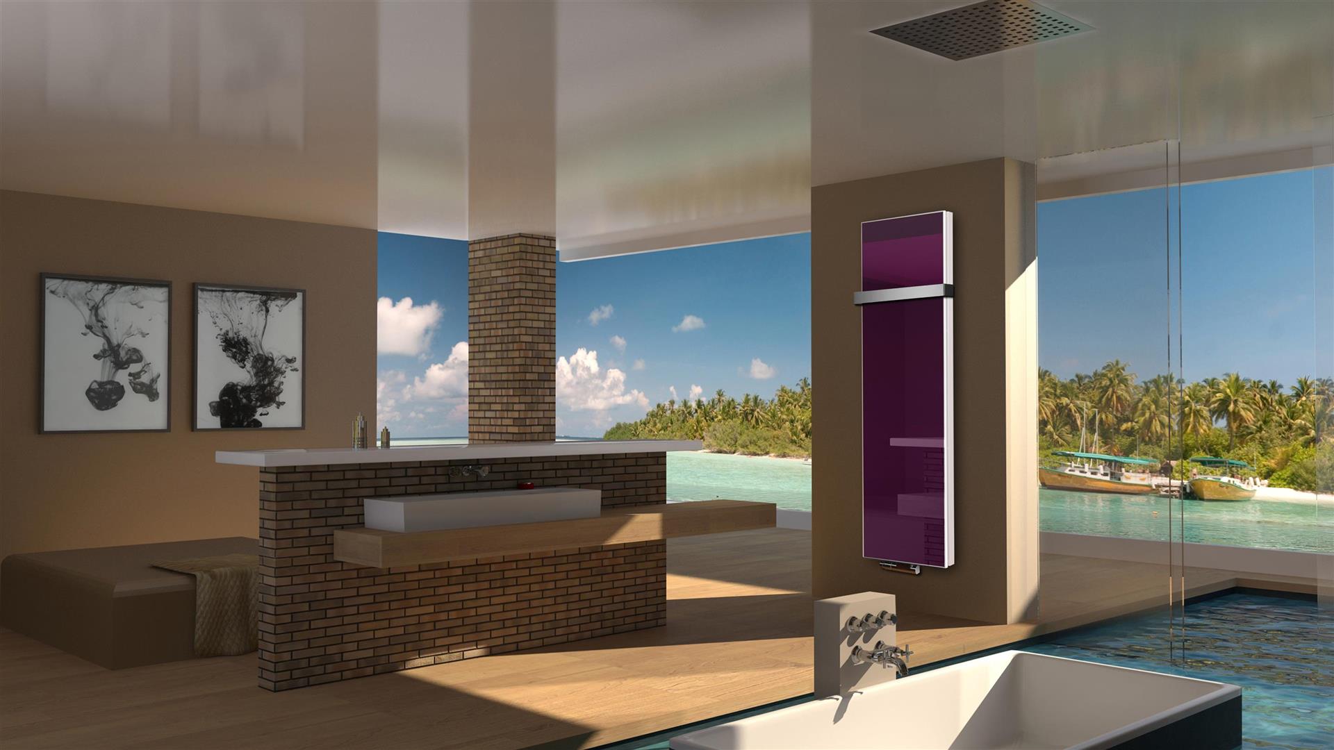 BADHEIZKÖRPER Glas Montevideo 6 Glasfront 180x47cm 1964 Watt violett +1 Halter 50mm SZAGATO Designheizkörper Handtuchheizkörper mit Mittelanschluss