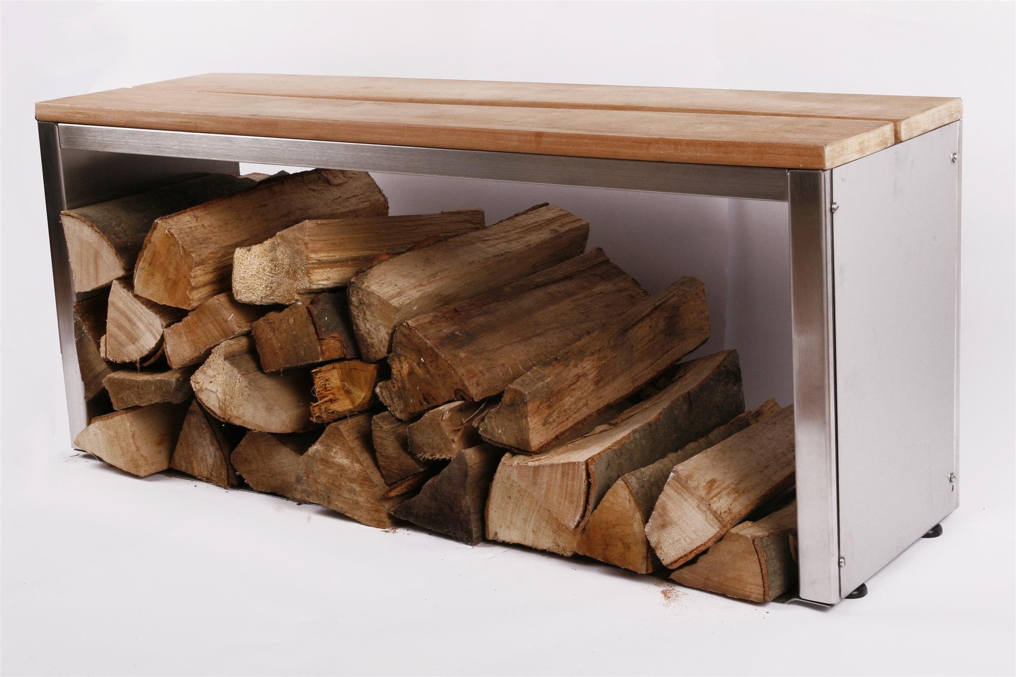 Sitzbank mit Holzlager 100x30cm, Edelstahl (Holzlagerbank, Bank mit Kaminholz / Brennnholz)