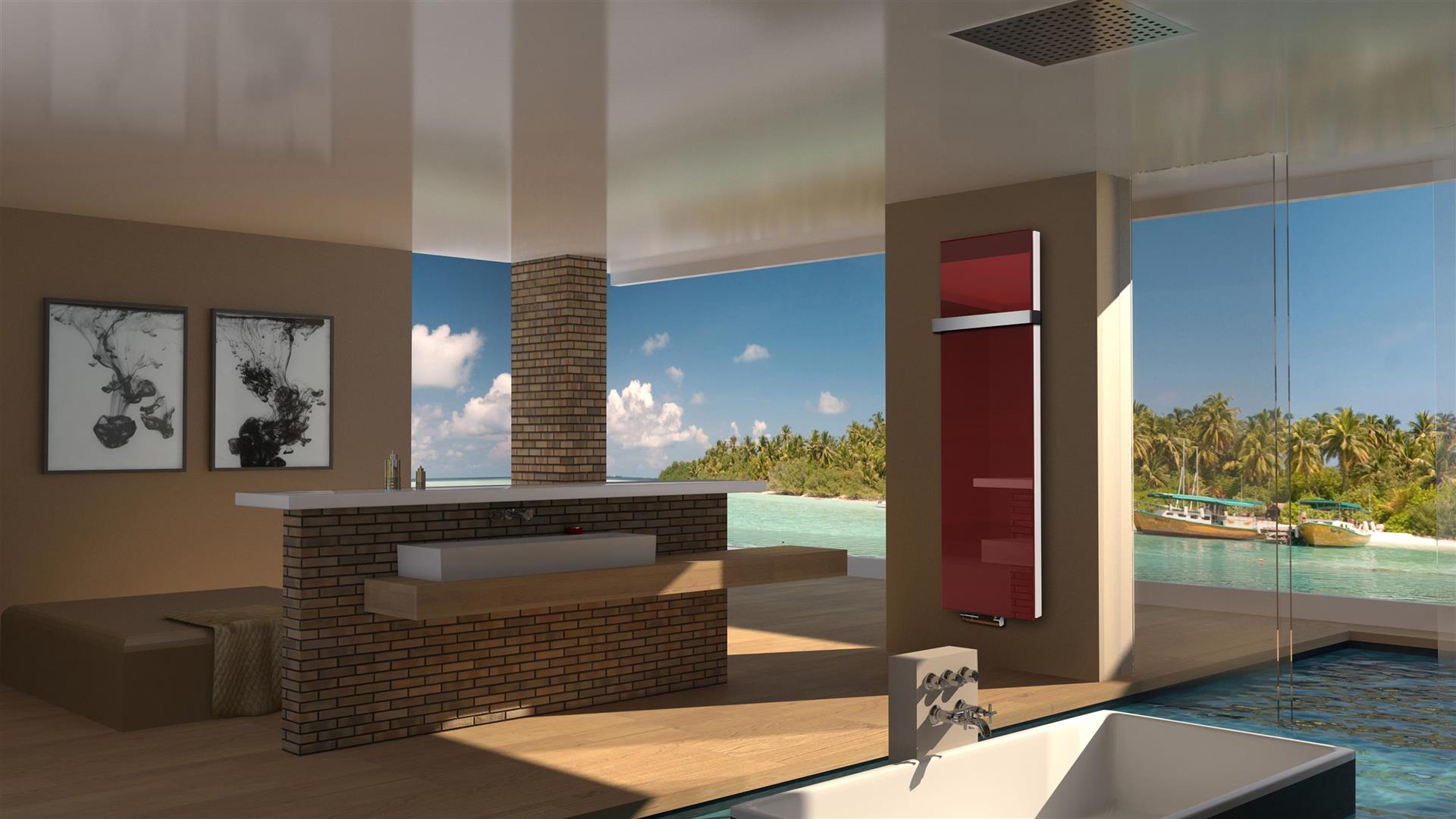 BADHEIZKÖRPER Glas Montevideo 6 Glasfront 180x47cm 1964 Watt rot + 1 Halter 50mm SZAGATO Designheizkörper Handtuchheizkörper mit Mittelanschluss