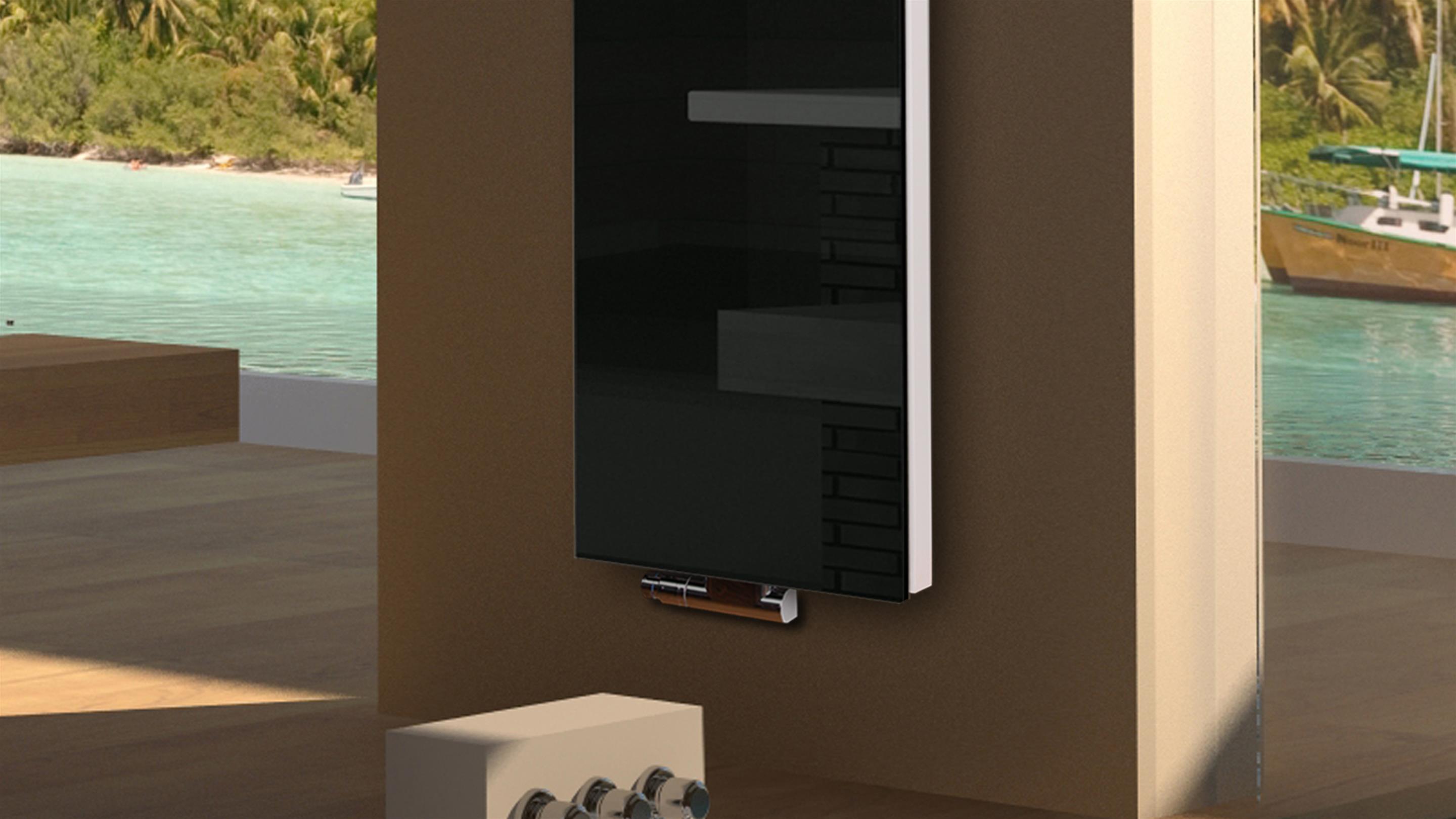 BADHEIZKÖRPER Glas Montevideo 6 Glasfront 180x47cm 1964 Watt schwarz +2 Halter 50mm SZAGATO Designheizkörper Handtuchheizkörper mit Mittelanschluss