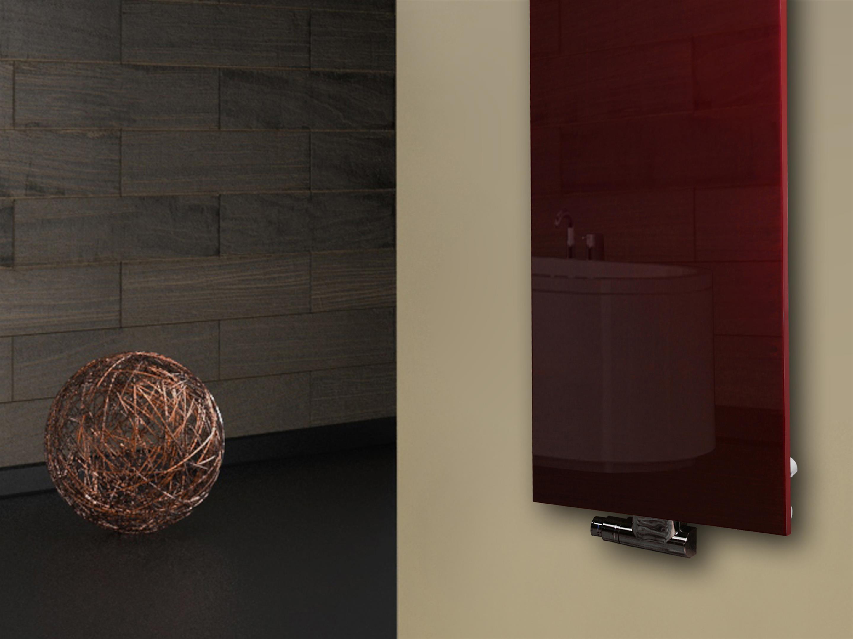 Badheizkörper mit Glas Design Montevideo 2 (Glasfront) 120x47cm 799 Watt rot (+1 Halter 50mm) SZAGATO Designheizkörper Mittelanschluss Handtuchwärmer