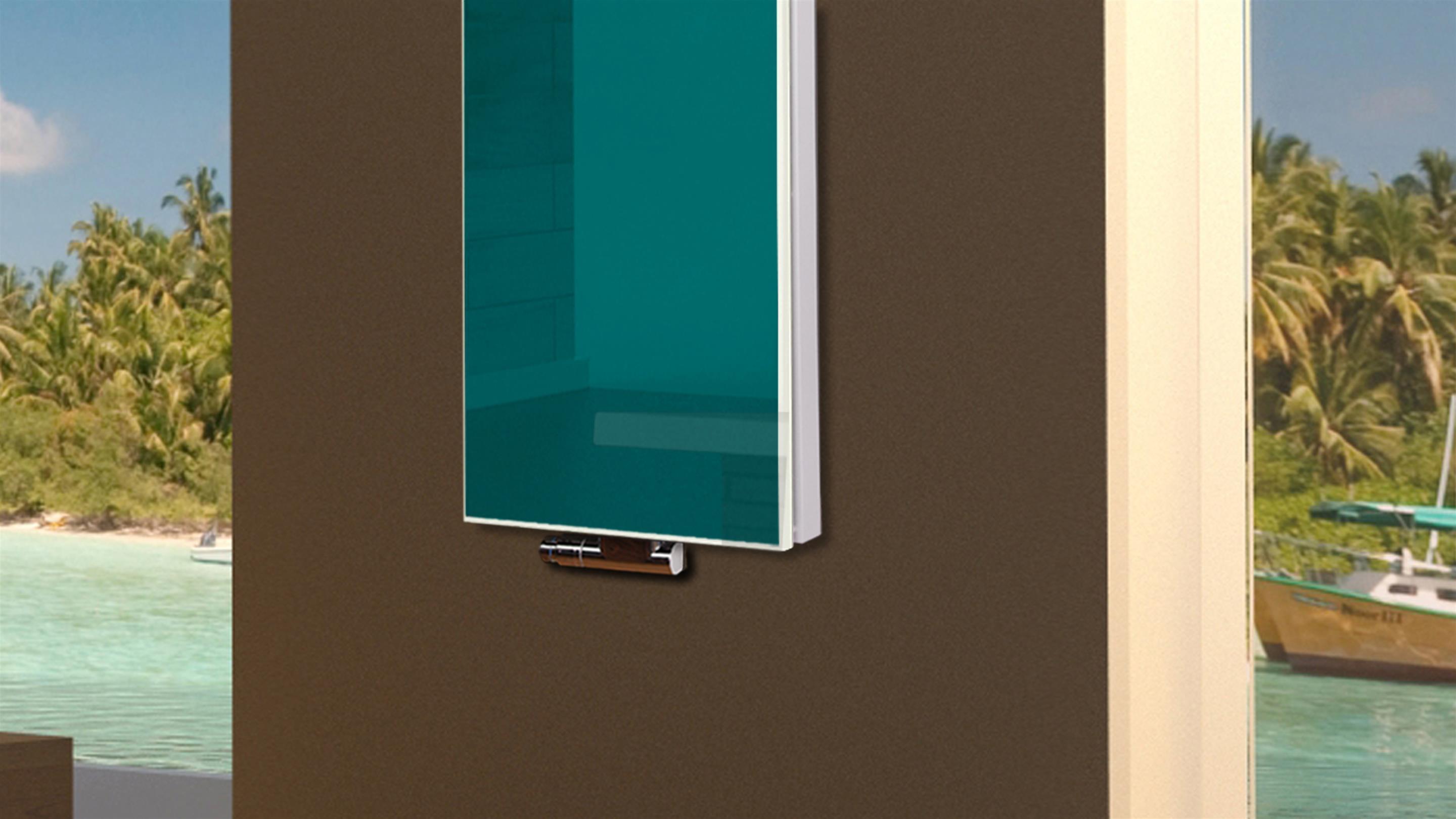 BADHEIZKÖRPER mit Glas Montevideo 5 Glasfront 120x47cm 1458Watt türkis +1 Halter 50mm SZAGATO Designheizkörper Handtuchheizkörper mit Mittelanschluss