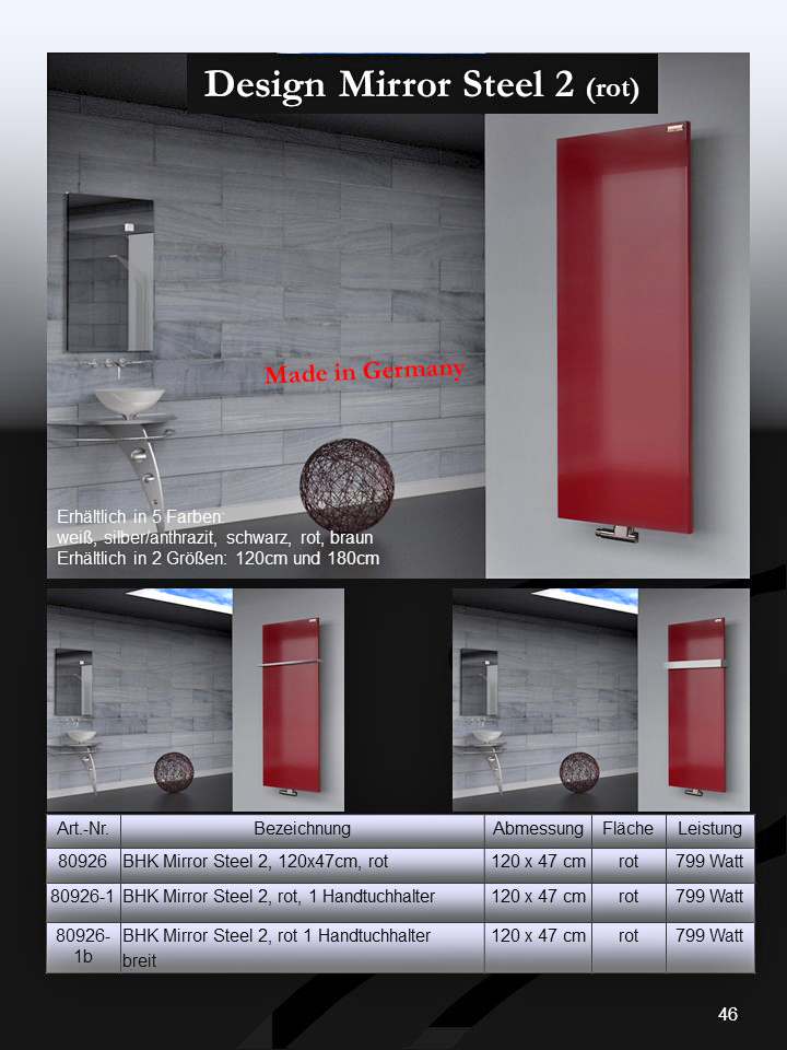 BADHEIZKÖRPER Design Mirror Steel 2 120x47cm 799 Watt rot (+1 Halter 30mm) SZAGATO Designheizkörper Handtuchheizkörper Mittelanschluss Handtuchwärmer