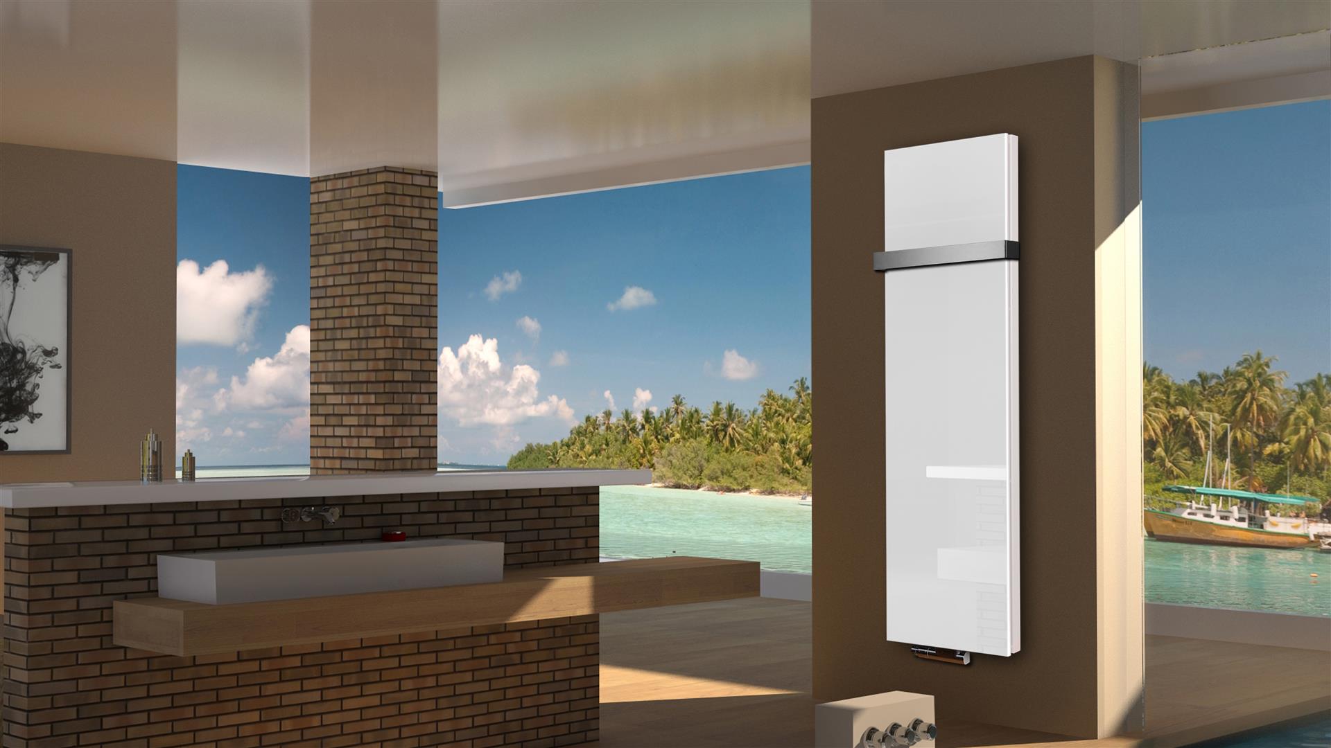 BADHEIZKÖRPER Glas Montevideo 6 Glasfront 180x47cm 1964 Watt weiß +1 Halter 50mm SZAGATO Designheizkörper Handtuchheizkörper mit Mittelanschluss