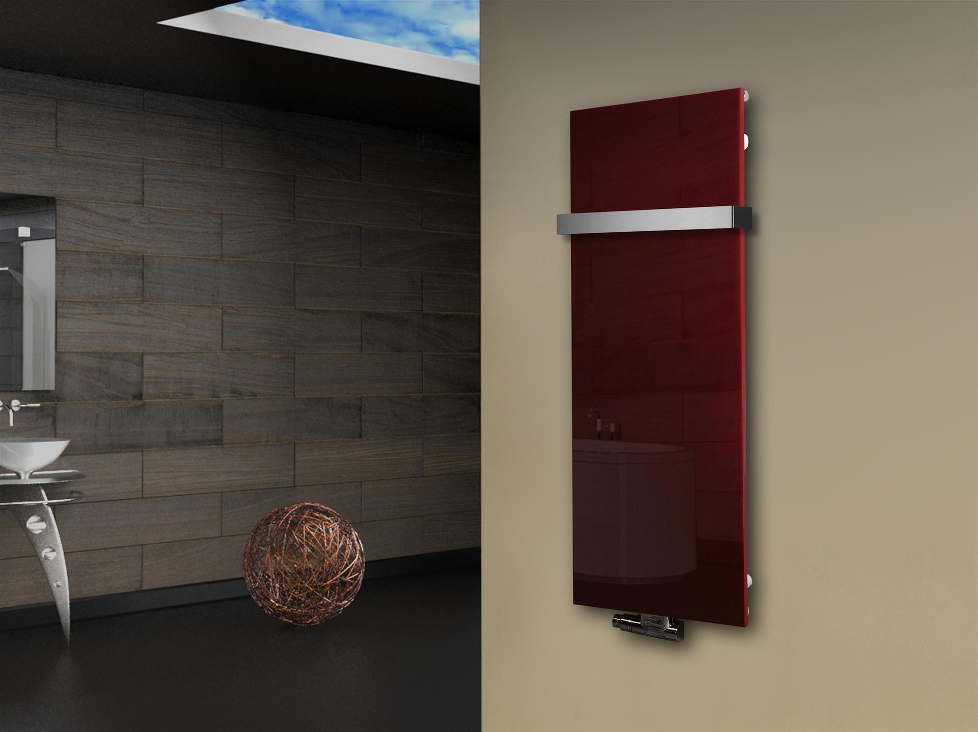 Badheizkörper mit Glas Design Montevideo 2 (Glasfront) 120x47cm 799 Watt rot (+1 Halter 50mm) SZAGATO Designheizkörper Mittelanschluss Handtuchwärmer