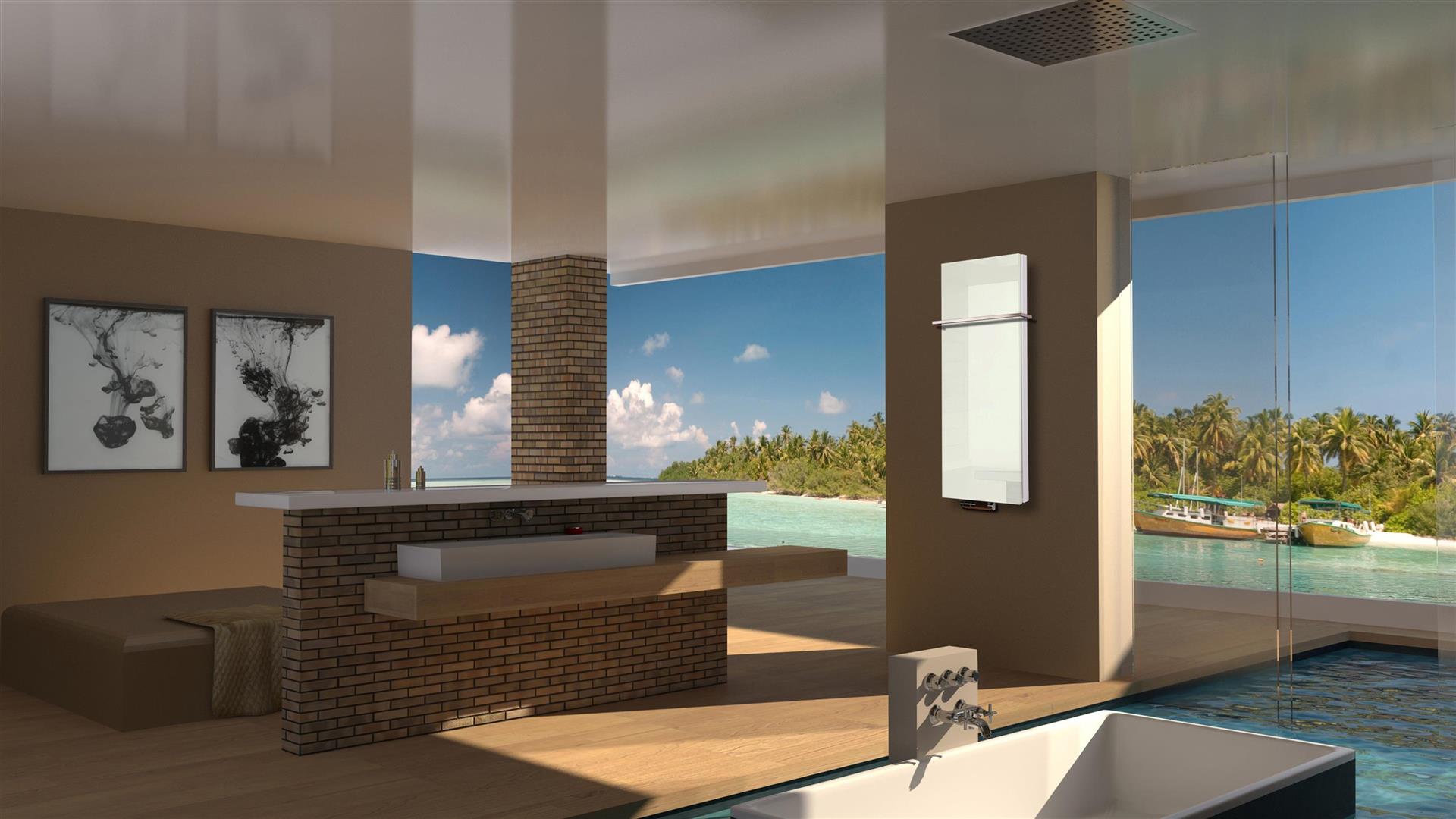 BADHEIZKÖRPER Glas Montevideo 5 Glasfront 120x47cm 1458 Watt weiß +1 Halter 15mm SZAGATO Designheizkörper Handtuchheizkörper mit Mittelanschluss