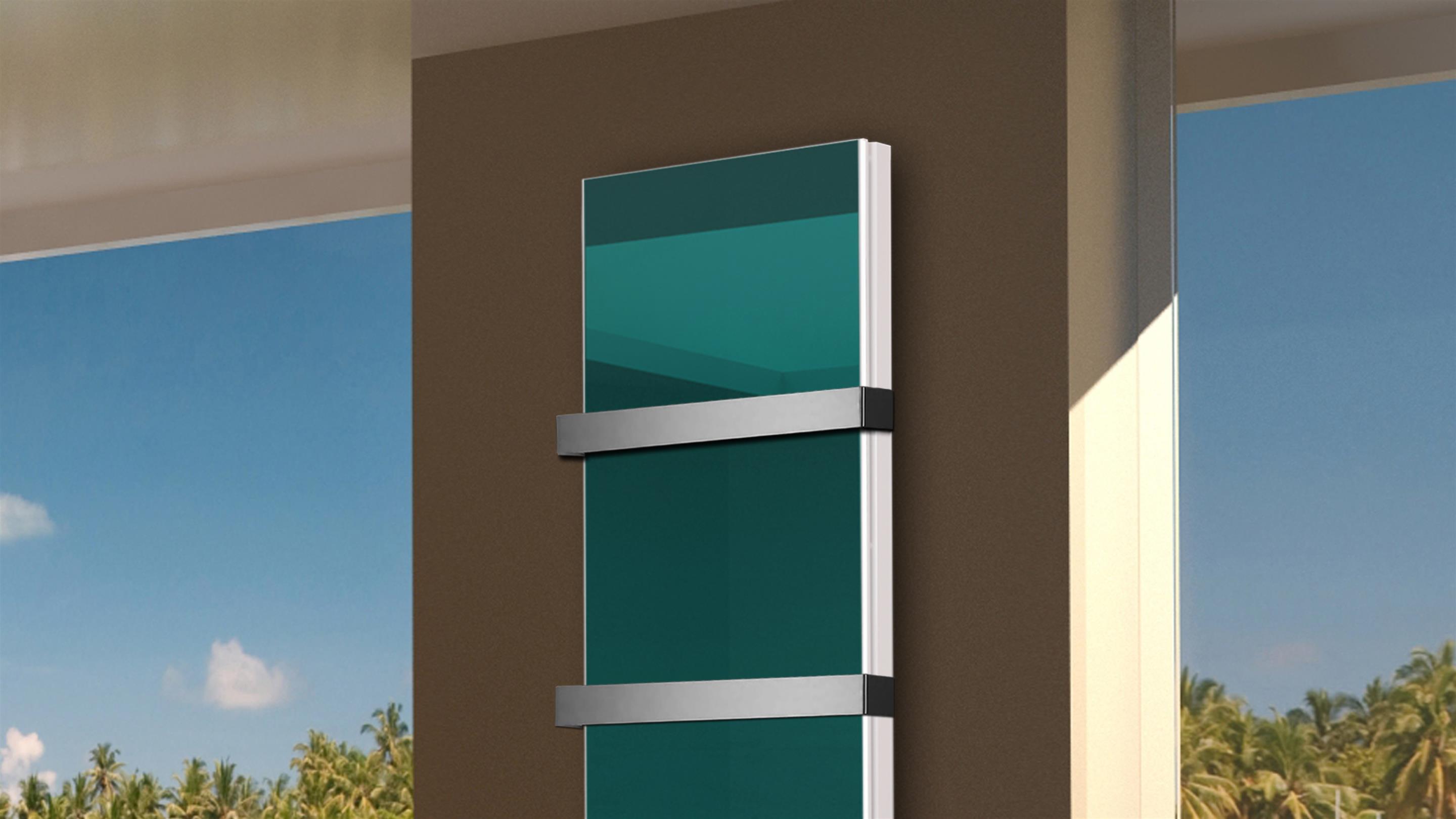 BADHEIZKÖRPER Glas Montevideo 6 Glasfront 180x47cm 1964 Watt türkis +2 Halter 50mm SZAGATO Designheizkörper Handtuchheizkörper mit Mittelanschluss