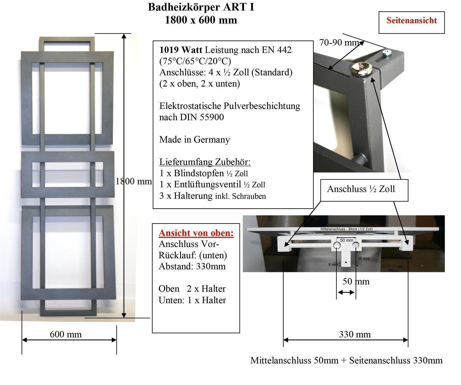 BADHEIZKÖRPER Design ART I 180x60cm 1019 Watt weiß + Heizstab 900 Watt SZAGATO Designheizkörper Handtuchheizkörper mit Mittelanschluss Handtuchwärmer