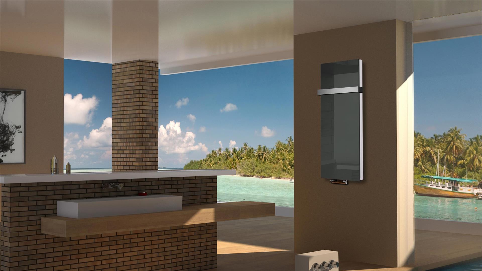 BADHEIZKÖRPER Glas Montevideo 5 Glasfront 120x47cm 1458Watt anthrazit - moonstone +1 Halter 50mm SZAGATO Designheizkörper mit Mittelanschluss