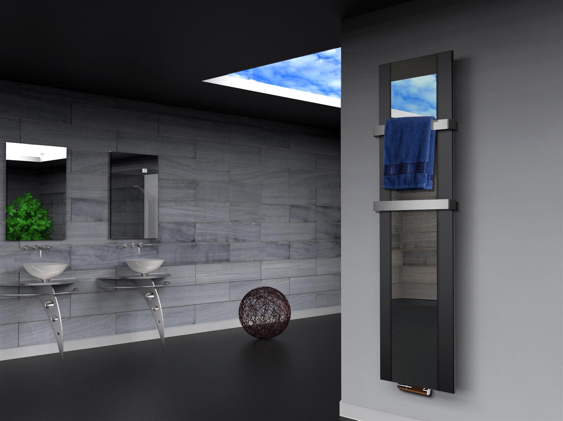BADHEIZKÖRPER mit Spiegel Design Singapur 3 180x47cm 1118 Watt schwarz  (+2 Halter 50mm) SZAGATO Designheizkörper mit Mittelanschluss Handtuchwärmer