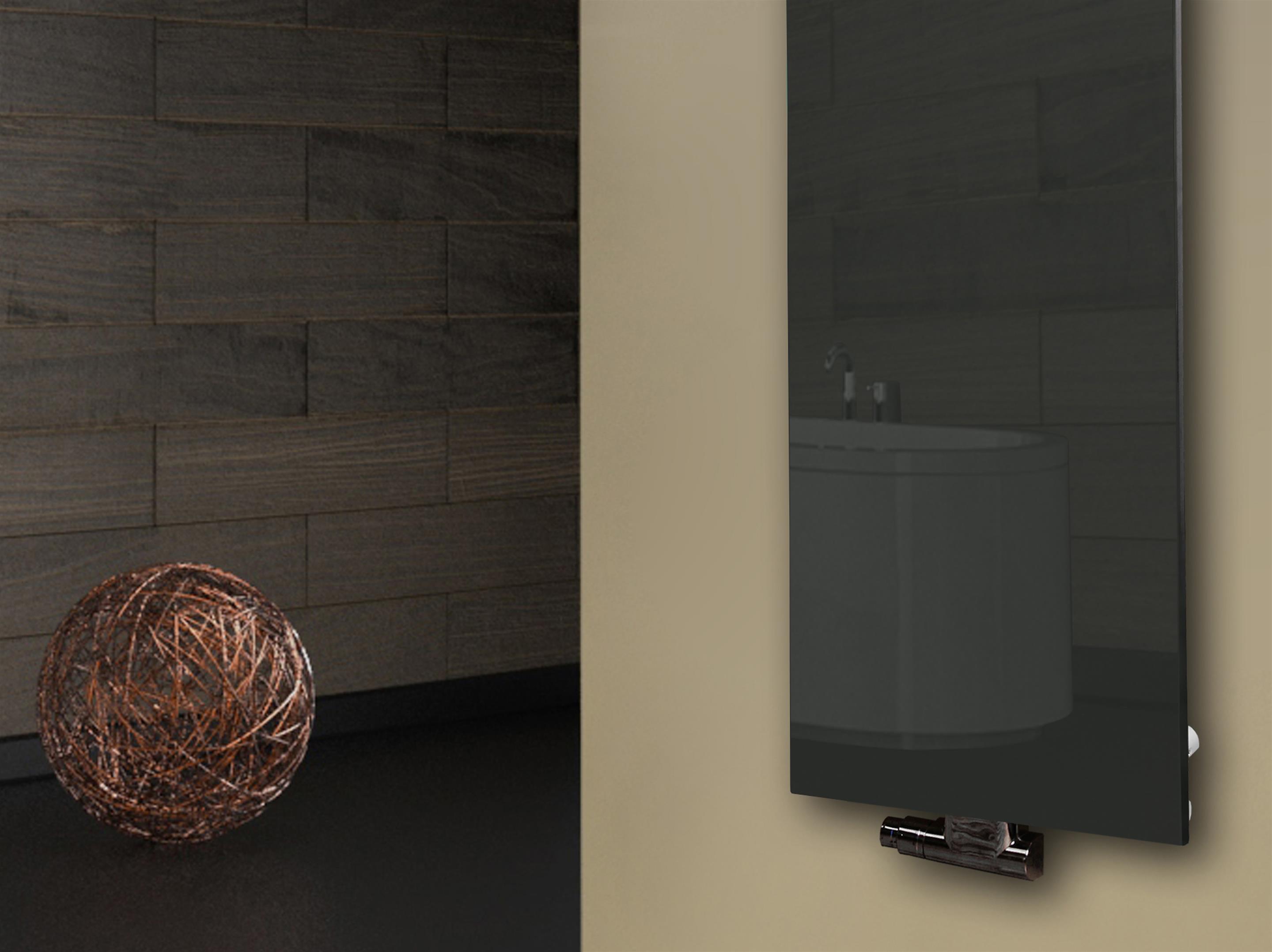 Badheizkörper mit Glas Design Montevideo 2 (Glasfront) 120x47cm 799 Watt anthrazit - moon +1 Halter 50mm SZAGATO Designheizkörper mit Mittelanschluss