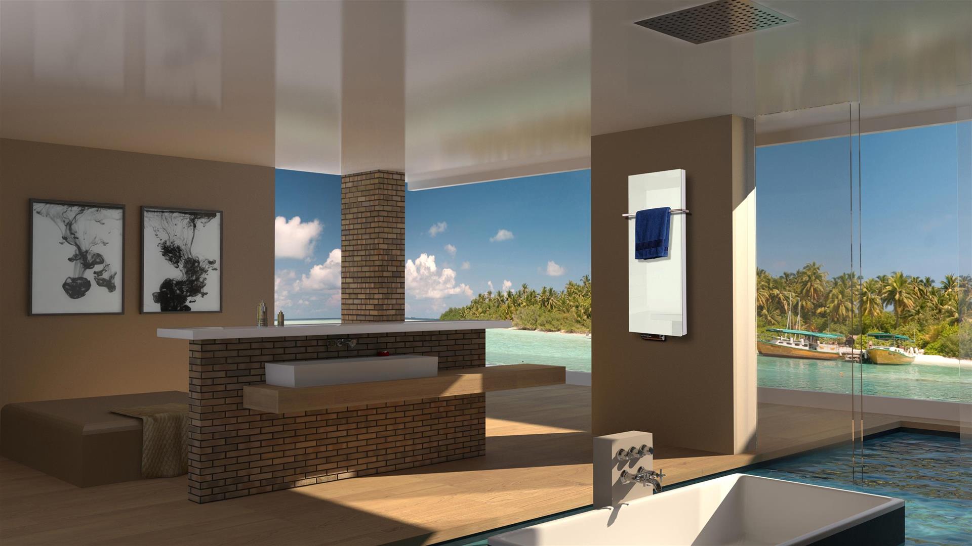 BADHEIZKÖRPER Glas Montevideo 5 Glasfront 120x47cm 1458 Watt weiß +1 Halter 15mm SZAGATO Designheizkörper Handtuchheizkörper mit Mittelanschluss