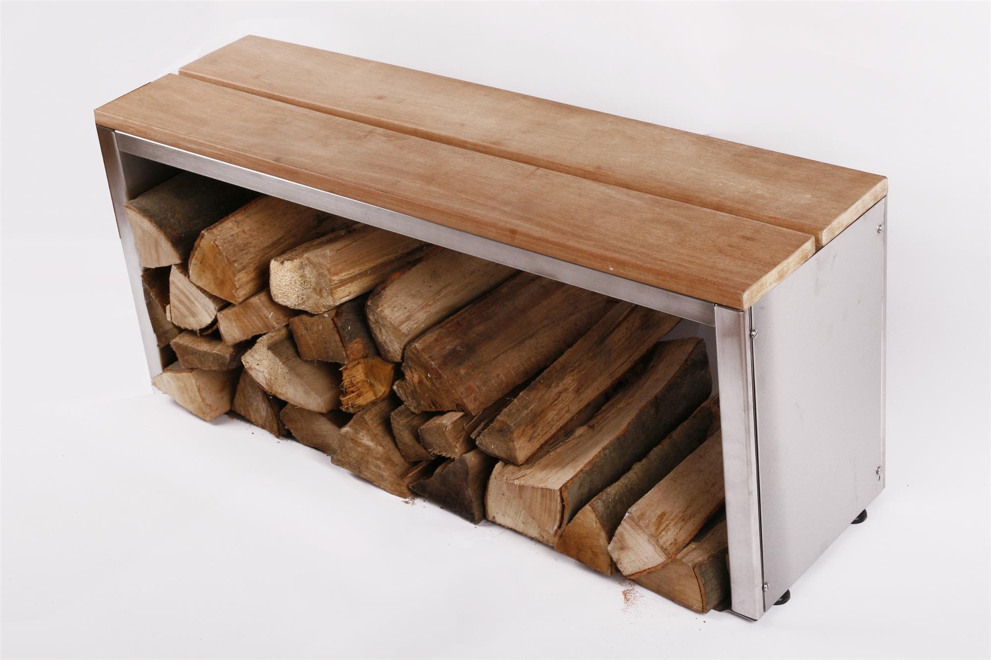 Sitzbank mit Holzlager 100x30cm, Edelstahl (Holzlagerbank, Bank mit Kaminholz / Brennnholz)